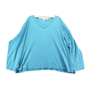 Liz & Me Women's Shirt Blue 3X Beaded V-Neck Long Sleeve Cotton Knit Comfort
